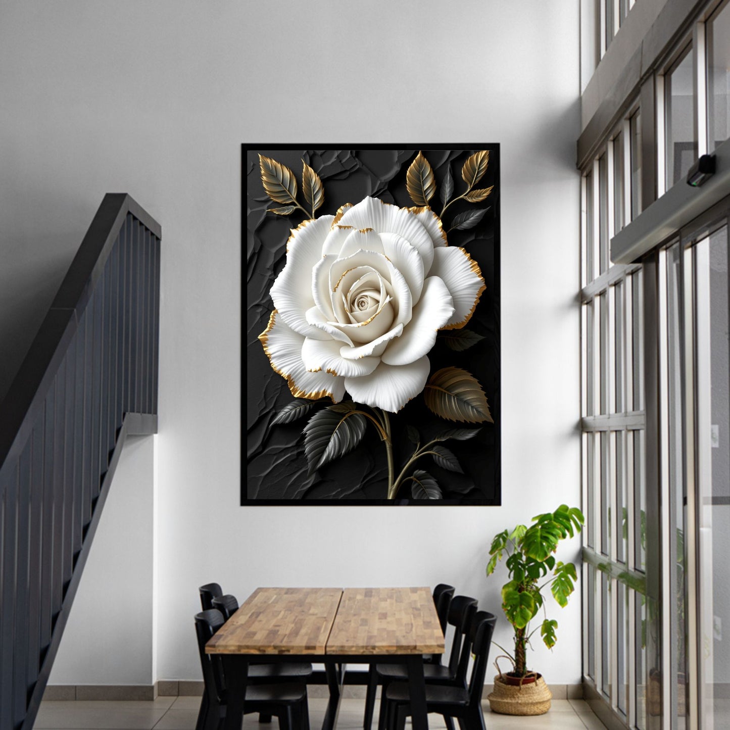 Ivory Noir Rose – Luxury Black & Gold Floral Canvas Wall Art