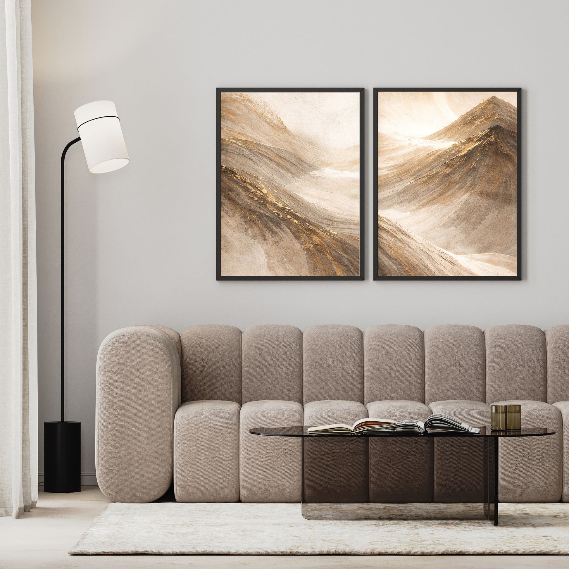 Living room with a beige sofa, coffee table, and abstract wall art.