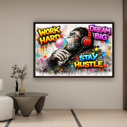 Framed artwork with motivational quote and monkey holding a colorful ball in a living room setting.