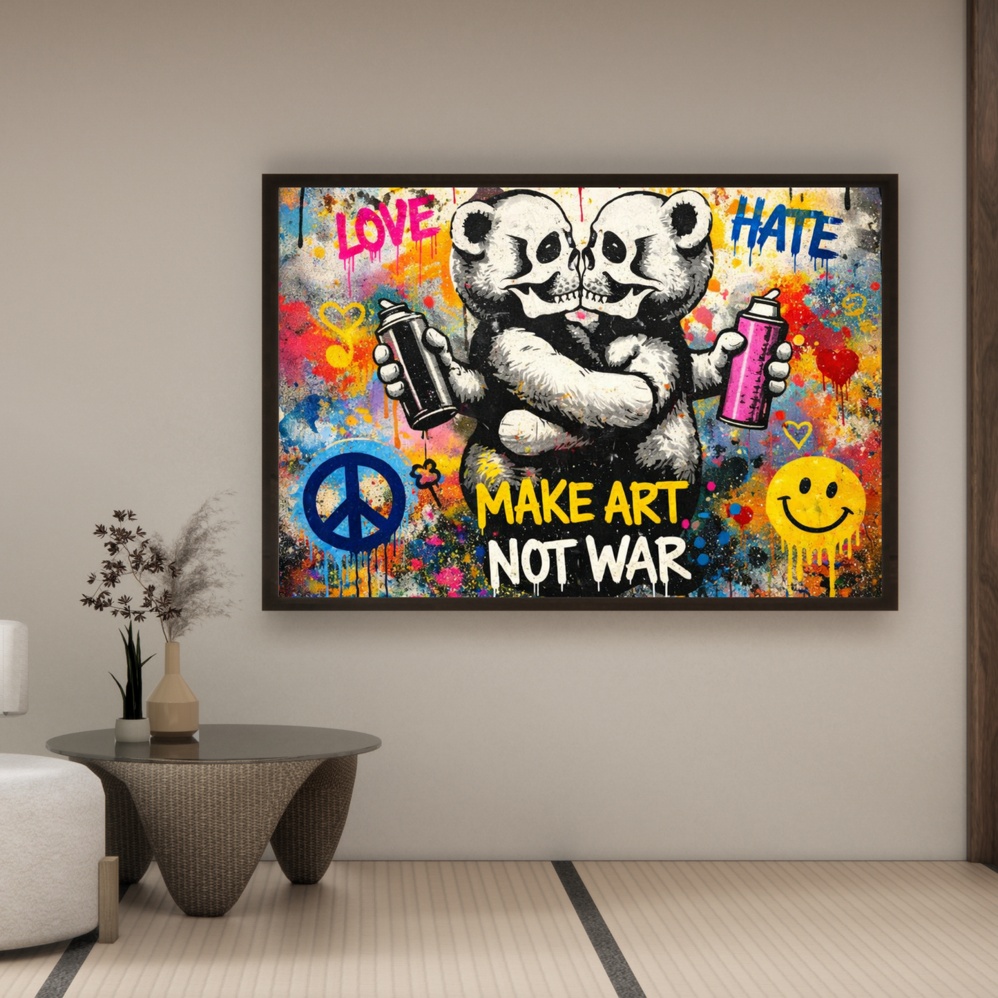 Colorful artwork with panda holding spray cans and text in a living room setting