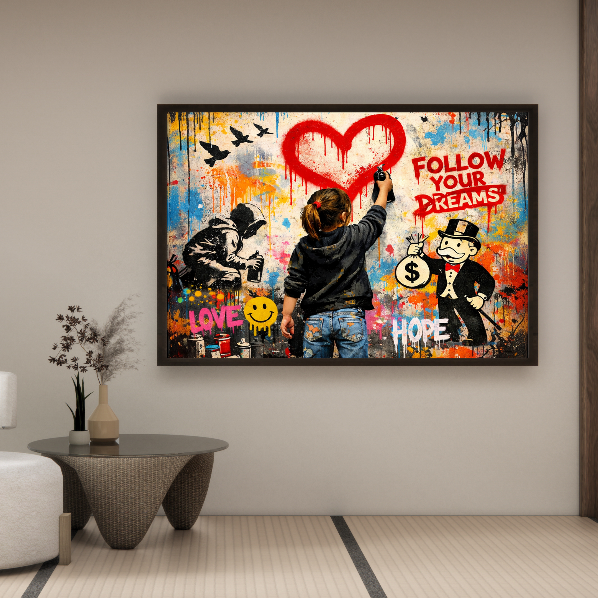 Colorful graffiti-style artwork with text and characters on a wall in a modern living room.