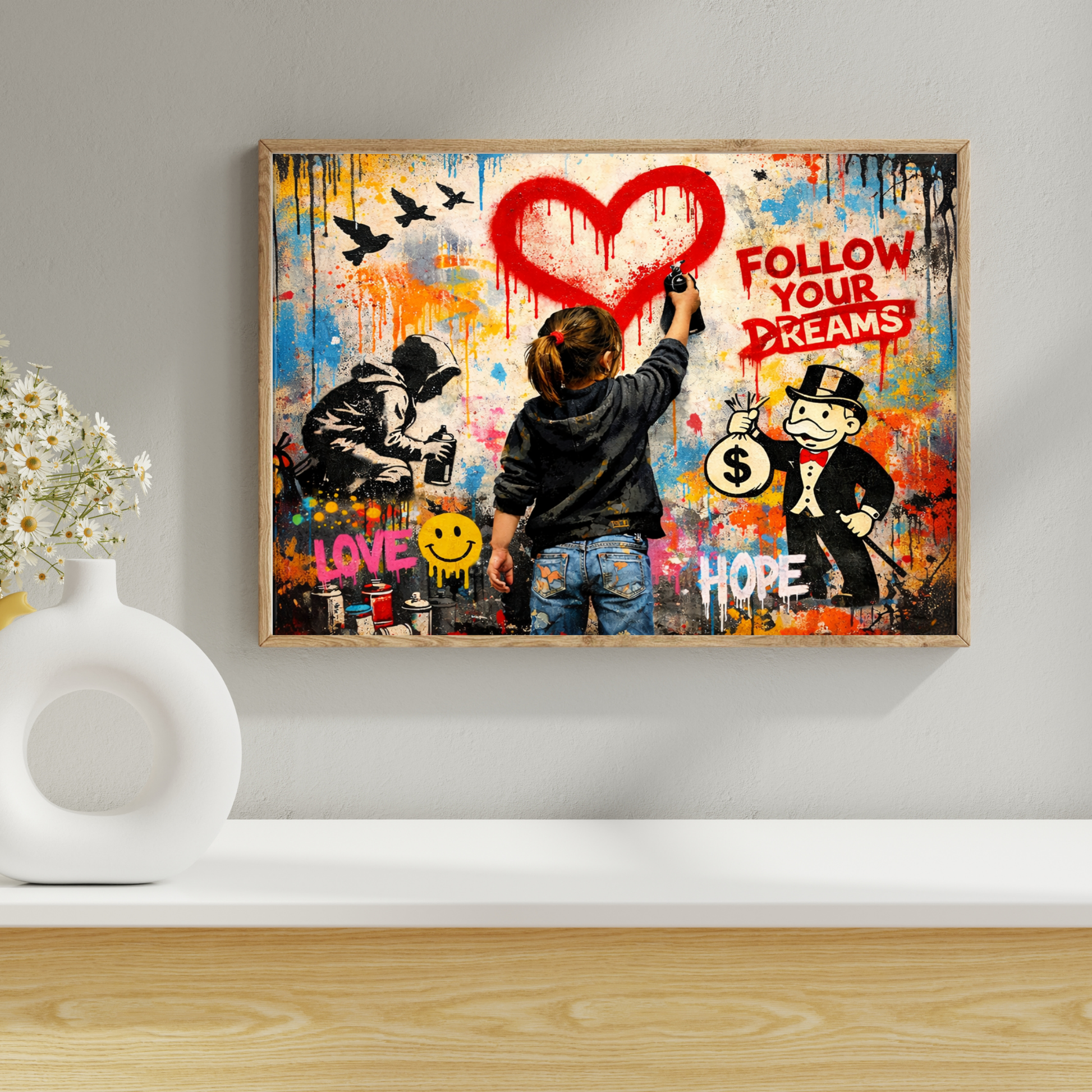 Framed artwork with a child painting a heart, featuring motivational phrases like 'Follow Your Dreams' and 'Hope'.