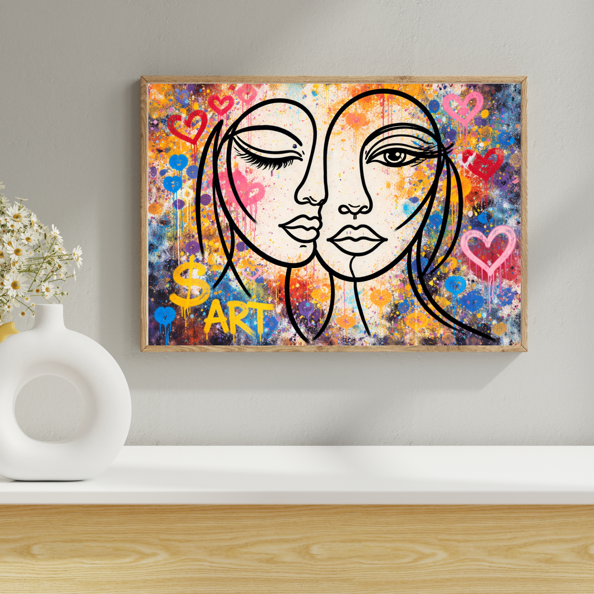 Colorful abstract art piece with two faces and hearts on a wall above a white shelf.