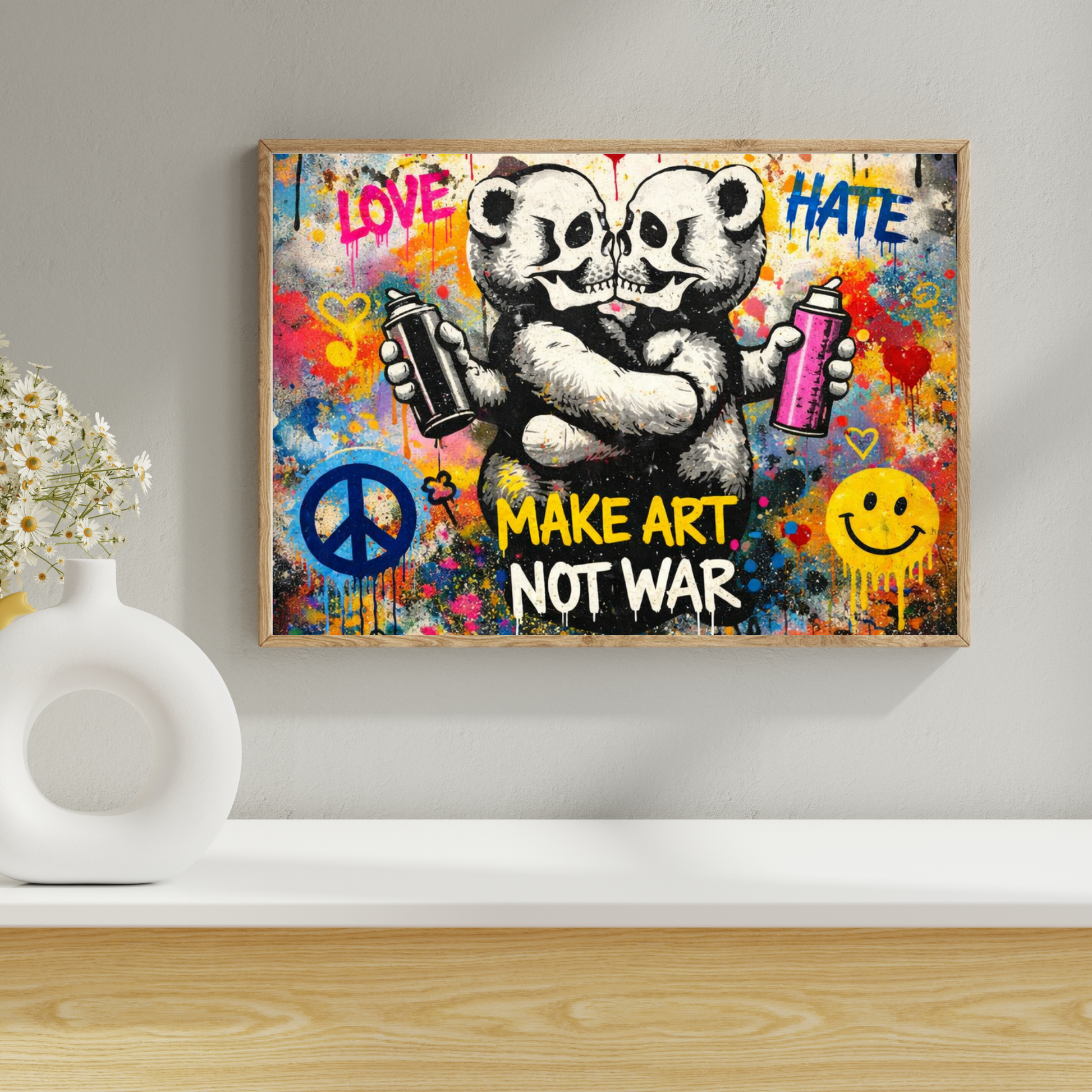 Colorful artwork with a panda holding spray cans, text, and symbols on a wall.