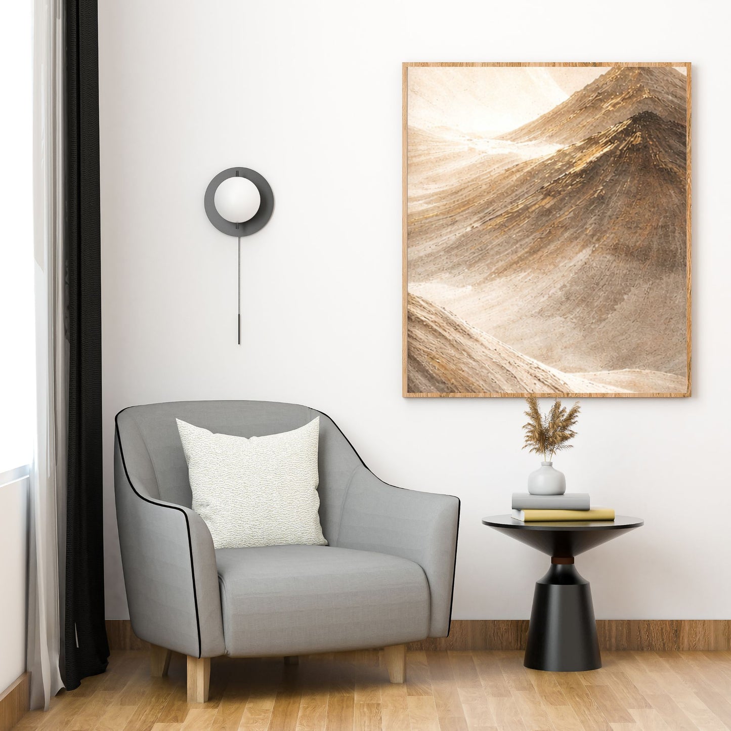 Modern living room with a gray armchair, abstract painting, and side table.
