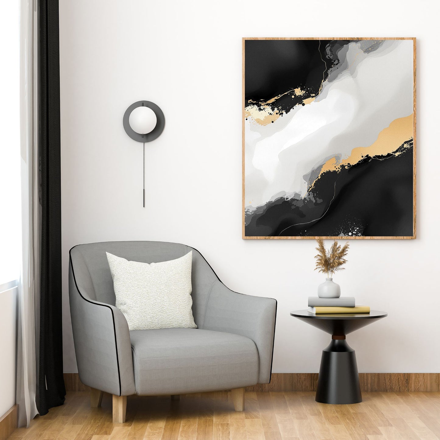 Black & White Gold Abstract Canvas Wall Art – Luxury Minimalist Statement