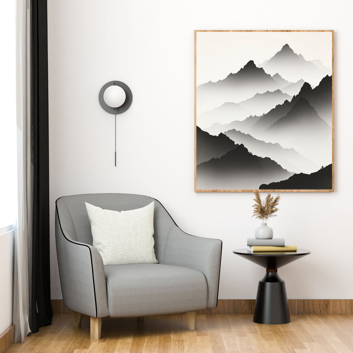 Misty Mountain Horizon Fine Art Poster – Japanese Sumi-E Style, Vivid Giclée Print