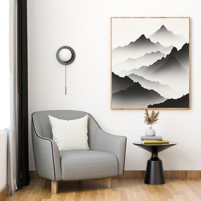 Misty Mountain Horizon Fine Art Poster – Japanese Sumi-E Style, Vivid Giclée Print
