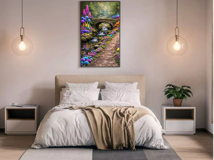 Enchanted Forest Path – Whimsical Fantasy Wall Art, Colorful Garden Bridge Fine Art
