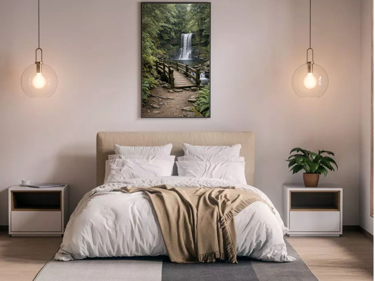 Quiet Crossing – Forest Bridge & Waterfall Fine Art Wall Art, Calm Nature Landscape