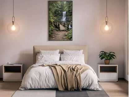 Quiet Crossing – Forest Bridge & Waterfall Fine Art Wall Art, Calm Nature Landscape