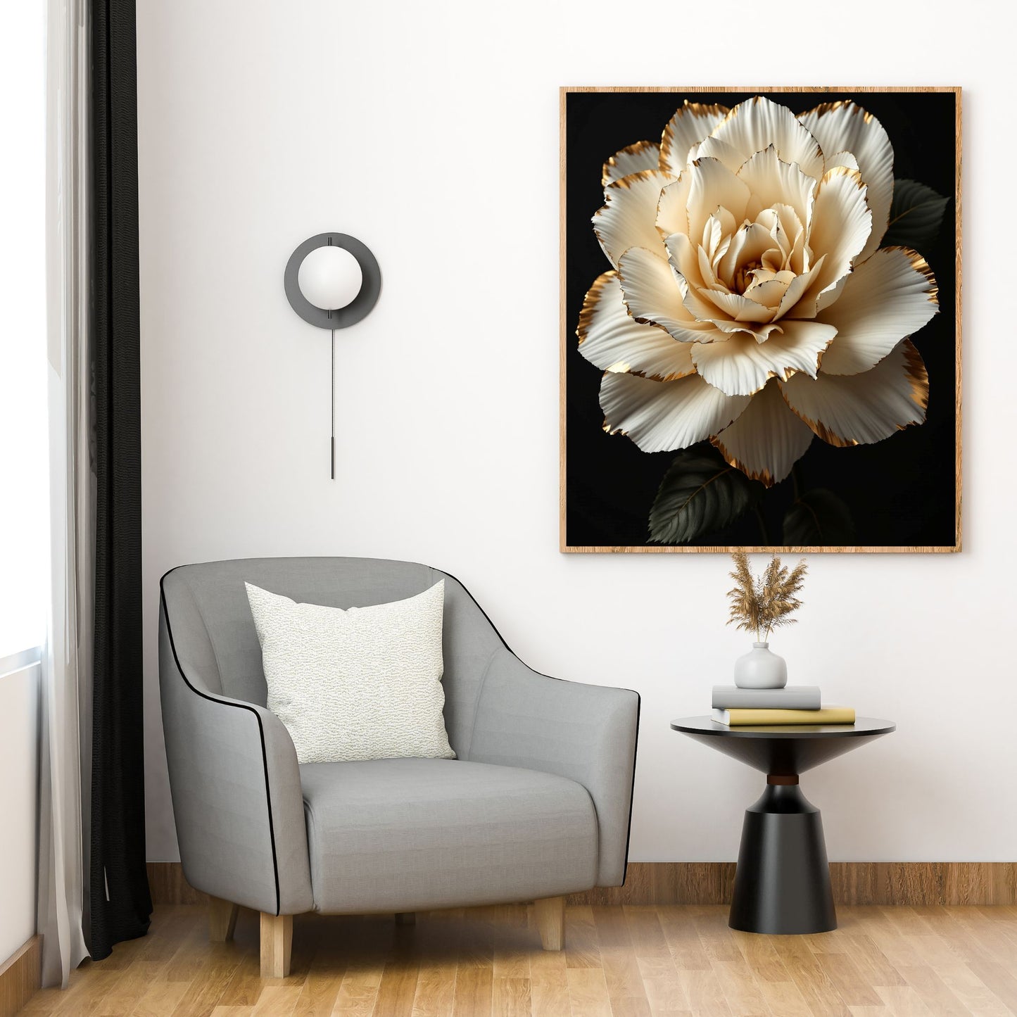 Modern interior with a gray armchair, side table, and floral artwork on the wall.