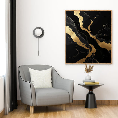 Golden Vein Noir – Luxury Black & Gold Abstract Canvas