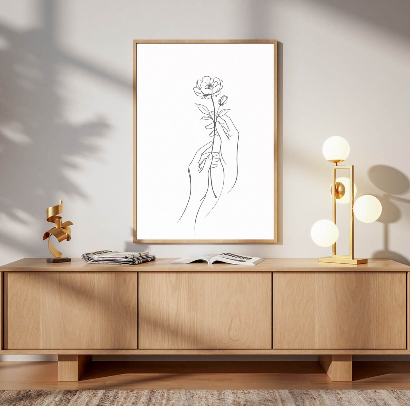 Minimalist Hands Holding Flower Line Art – Modern Fine Art Wall poster