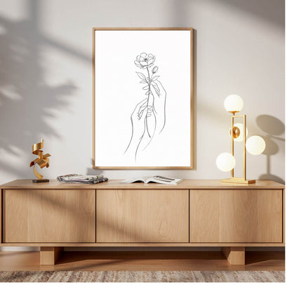 Minimalist Hands Holding Flower Line Art – Modern Fine Art Wall poster