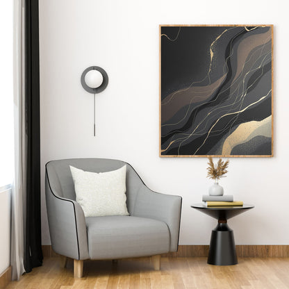 Midnight Veins Luxury Black & Gold Abstract Canvas Wall Art - Premium Textured Print