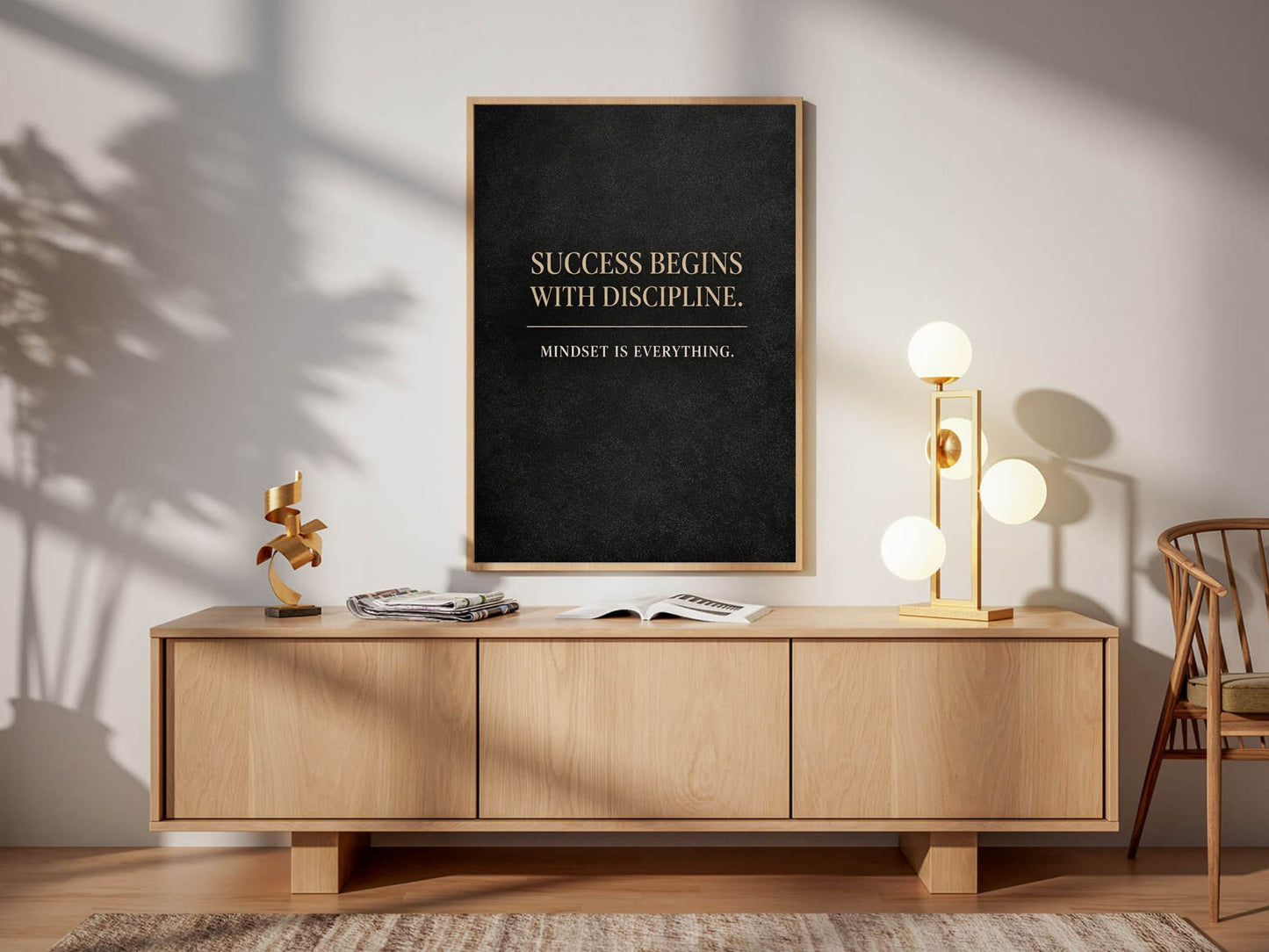 Success Begins With Discipline – Motivational Quote Fine Art Print, Black & Gold Minimal Wall Art