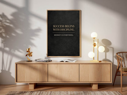 Success Begins With Discipline – Motivational Quote Fine Art Print, Black & Gold Minimal Wall Art