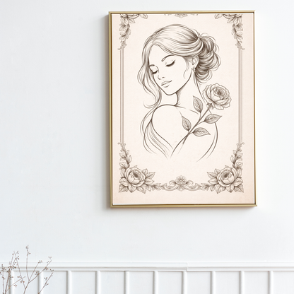 Vintage Floral Woman Line Art – Elegant  Wall Art