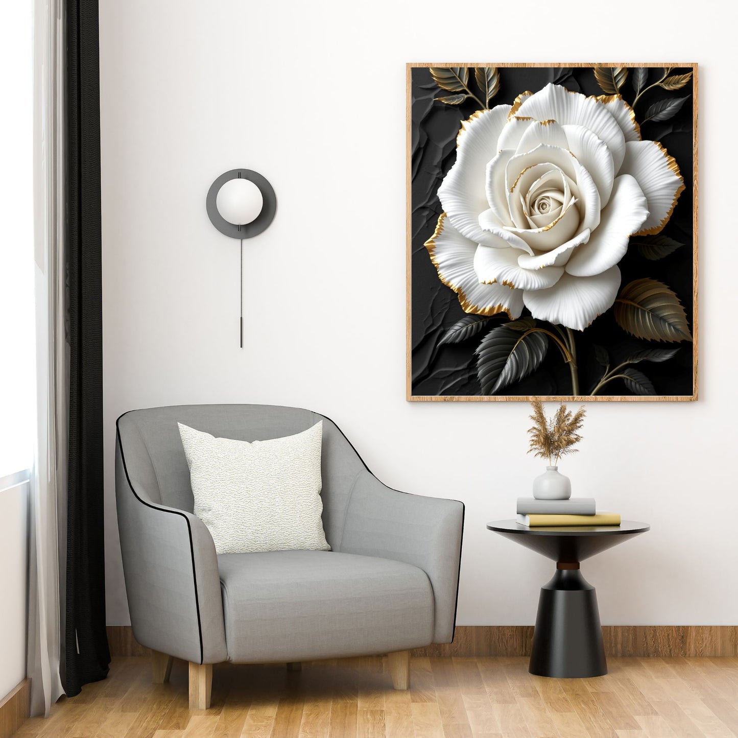 Ivory Noir Rose – Luxury Black & Gold Floral Canvas Wall Art
