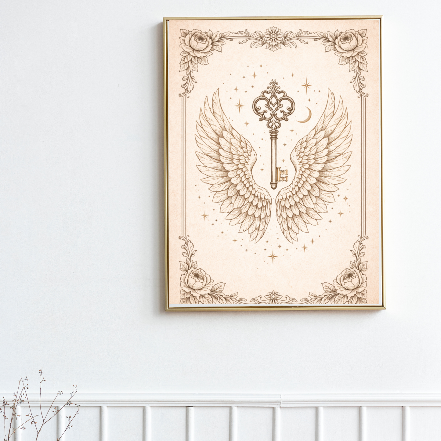 Celestial Key Fine Art Poster – Vintage Angel Wings & Symbolic Wall Art