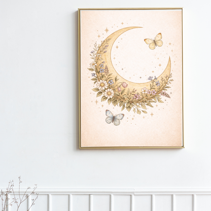 Floral Moon Fine Art Poster – Vintage Botanical Celestial Wall Art