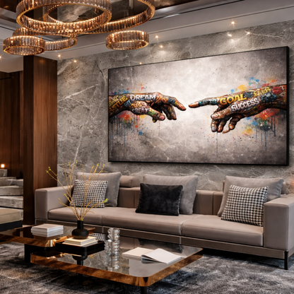 Modern living room with a large abstract painting on the wall, featuring two hands reaching towards each other.