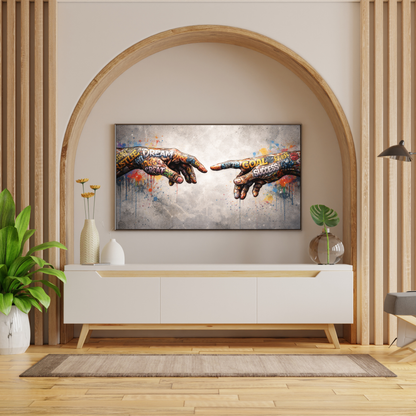 Modern living room with a large abstract painting of two hands reaching towards each other on a wall.