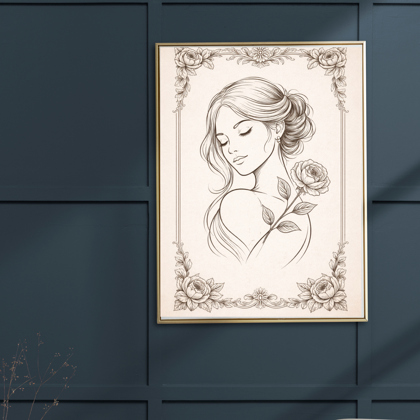 Vintage Floral Woman Line Art – Elegant  Wall Art