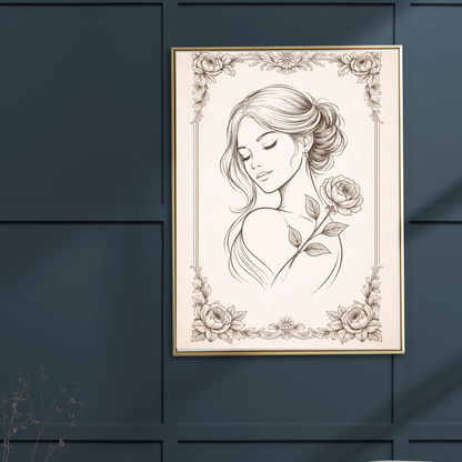 Vintage Floral Woman Line Art – Elegant  Wall Art