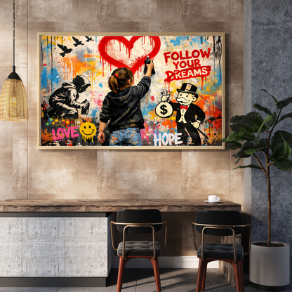 Colorful mural with motivational text 'Follow Your Dreams' in a modern interior setting.