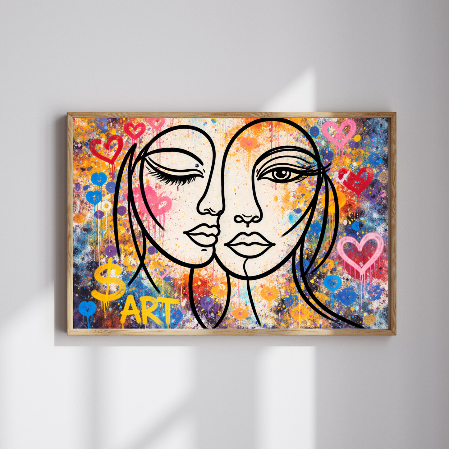 Colorful abstract art print with two faces and hearts on a white wall.