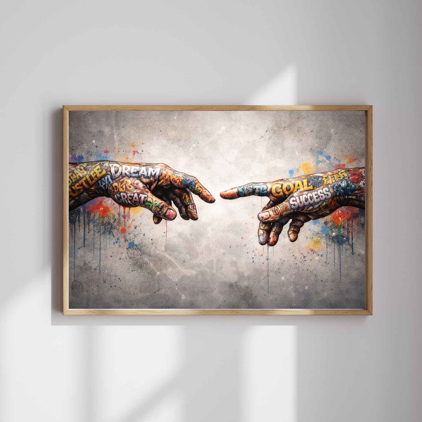 Framed artwork of two hands reaching towards each other with motivational words on a gray background