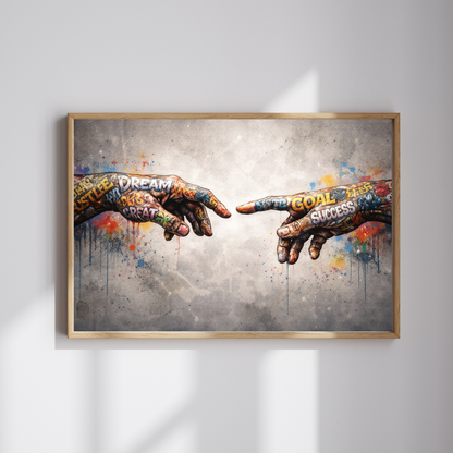 Framed artwork of two hands reaching towards each other with motivational words on a gray background