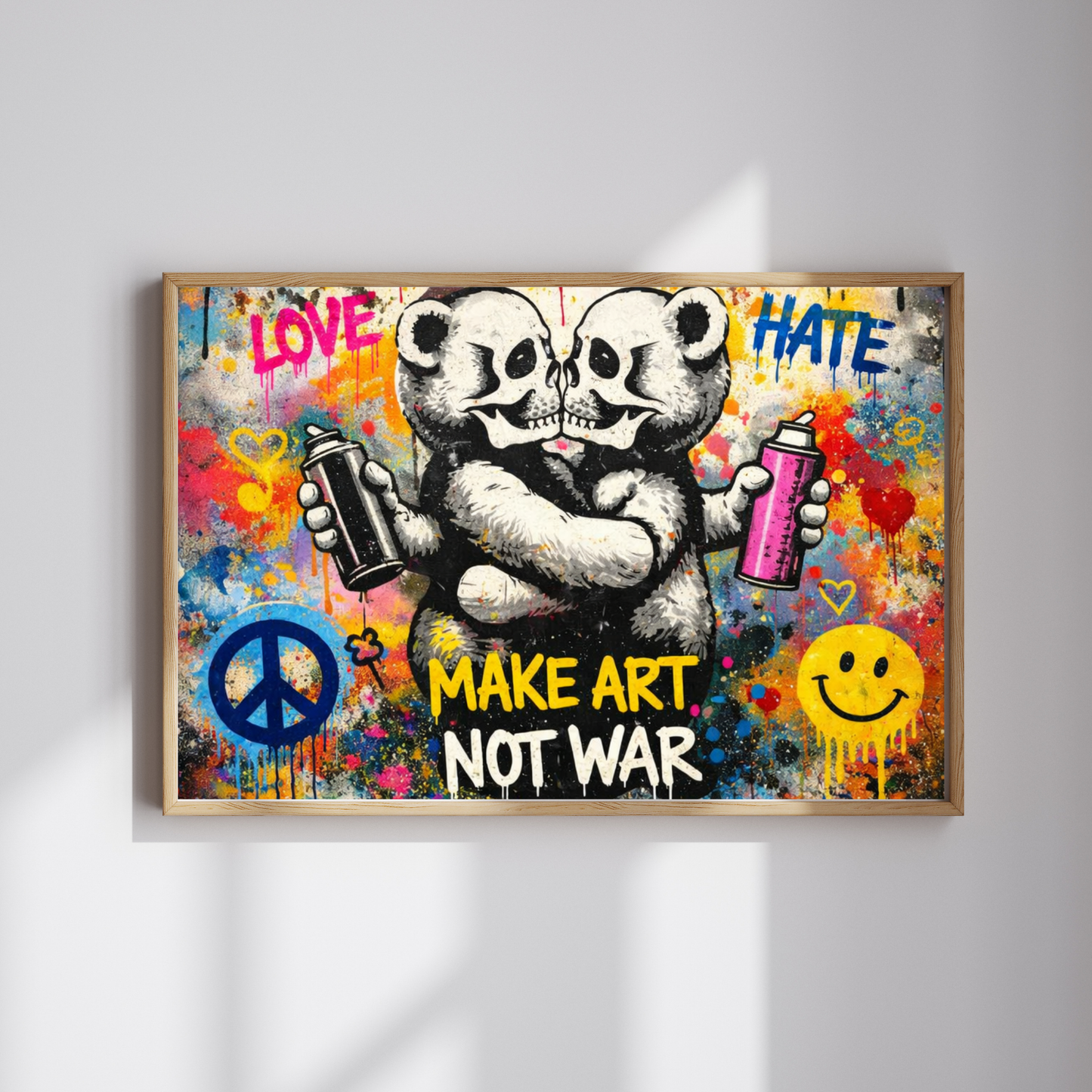 Colorful artwork with skulls, spray cans, and text on a white wall