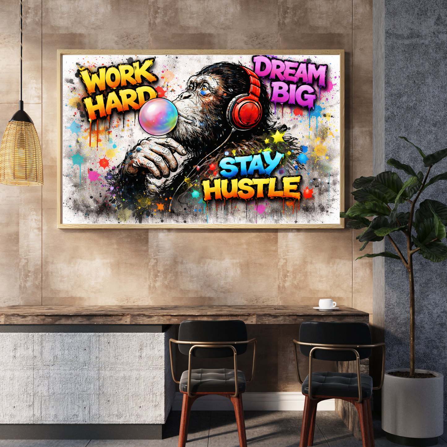 Motivational poster with a monkey wearing headphones on a wall above a desk.