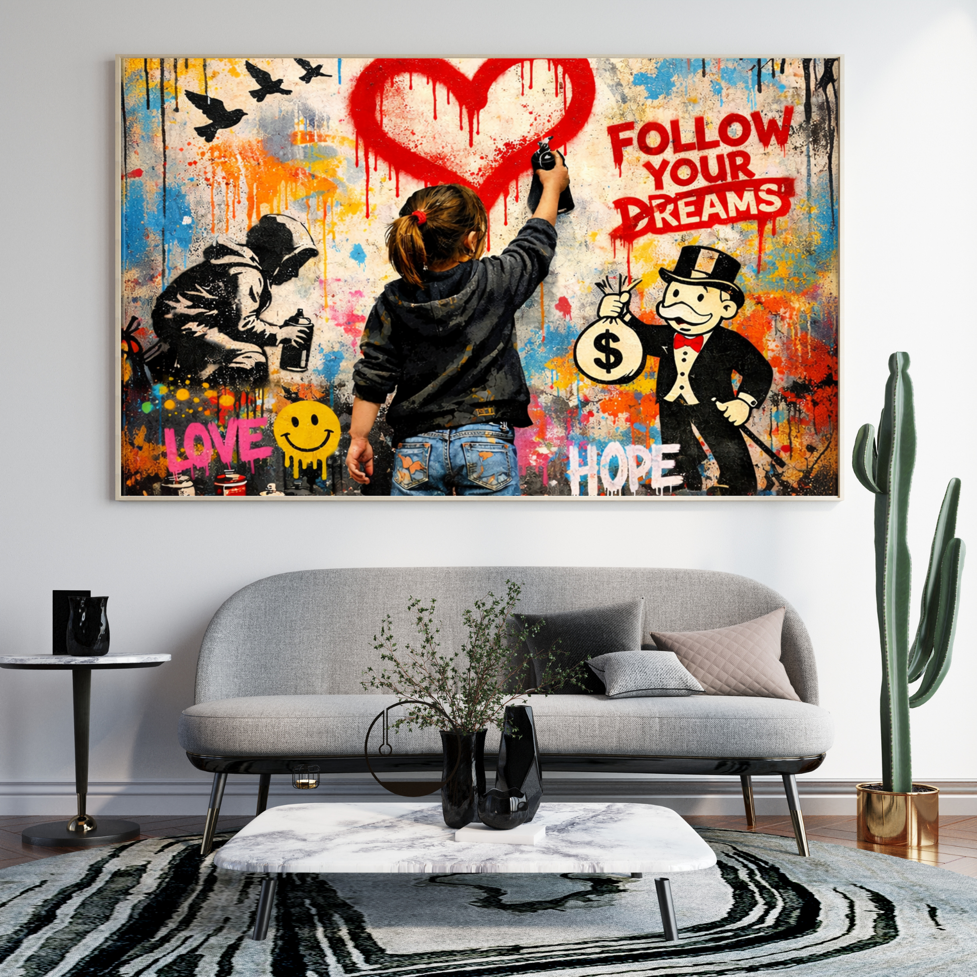 Graffiti-style wall art with motivational phrases in a modern living room.