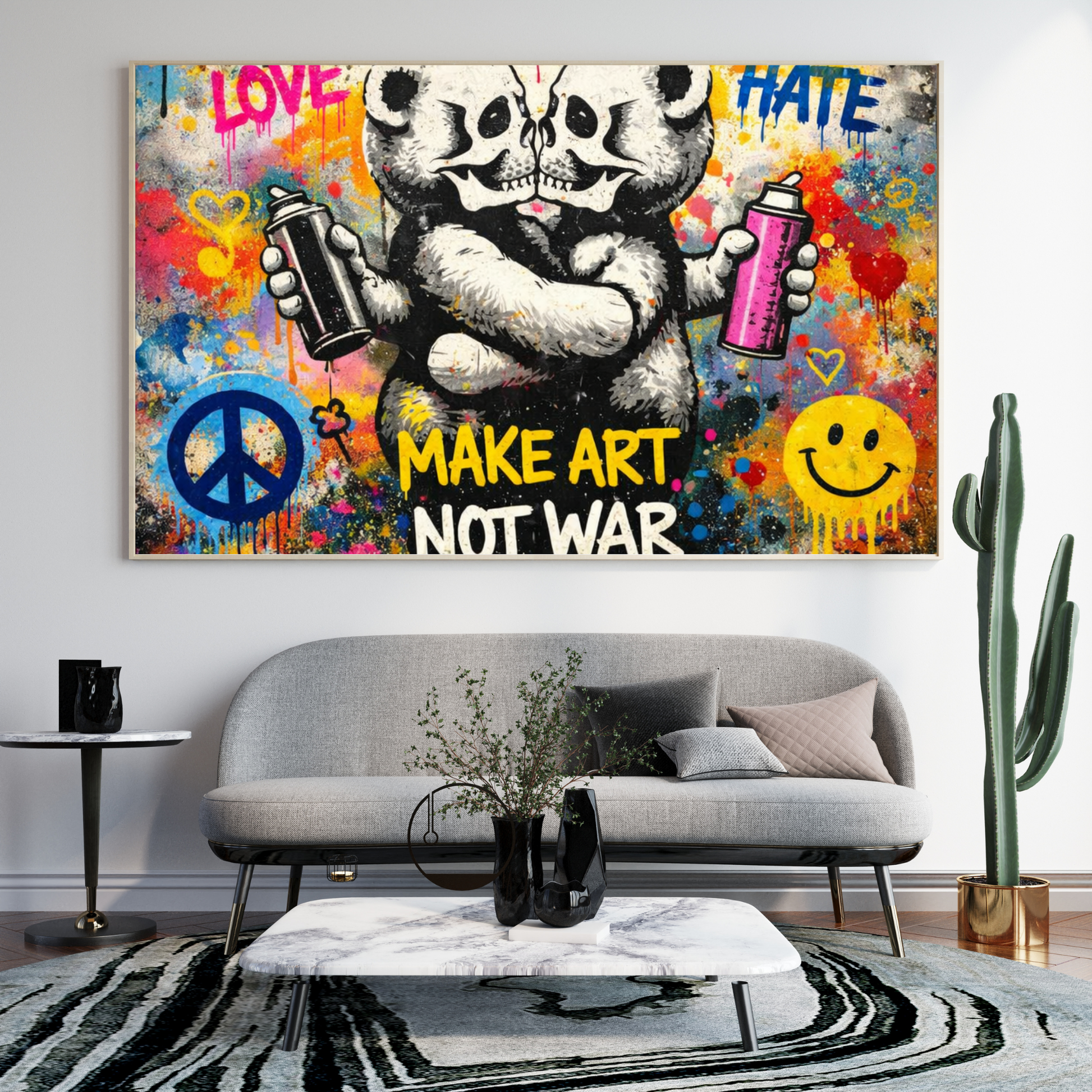 Colorful abstract painting with a bear holding spray cans, peace symbol, and smiley face in a living room.
