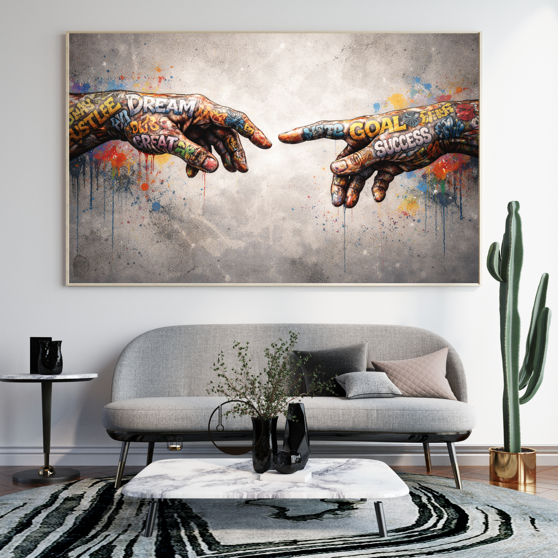 Living room with a large abstract painting of two hands reaching towards each other, featuring motivational phrases.