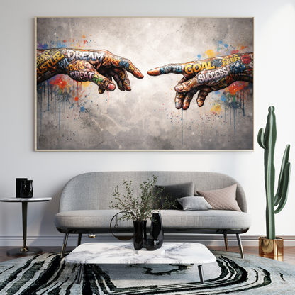 Living room with a large abstract painting of two hands reaching towards each other, featuring motivational phrases.