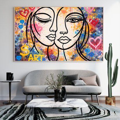 Colorful abstract painting of two faces above a gray sofa in a living room.
