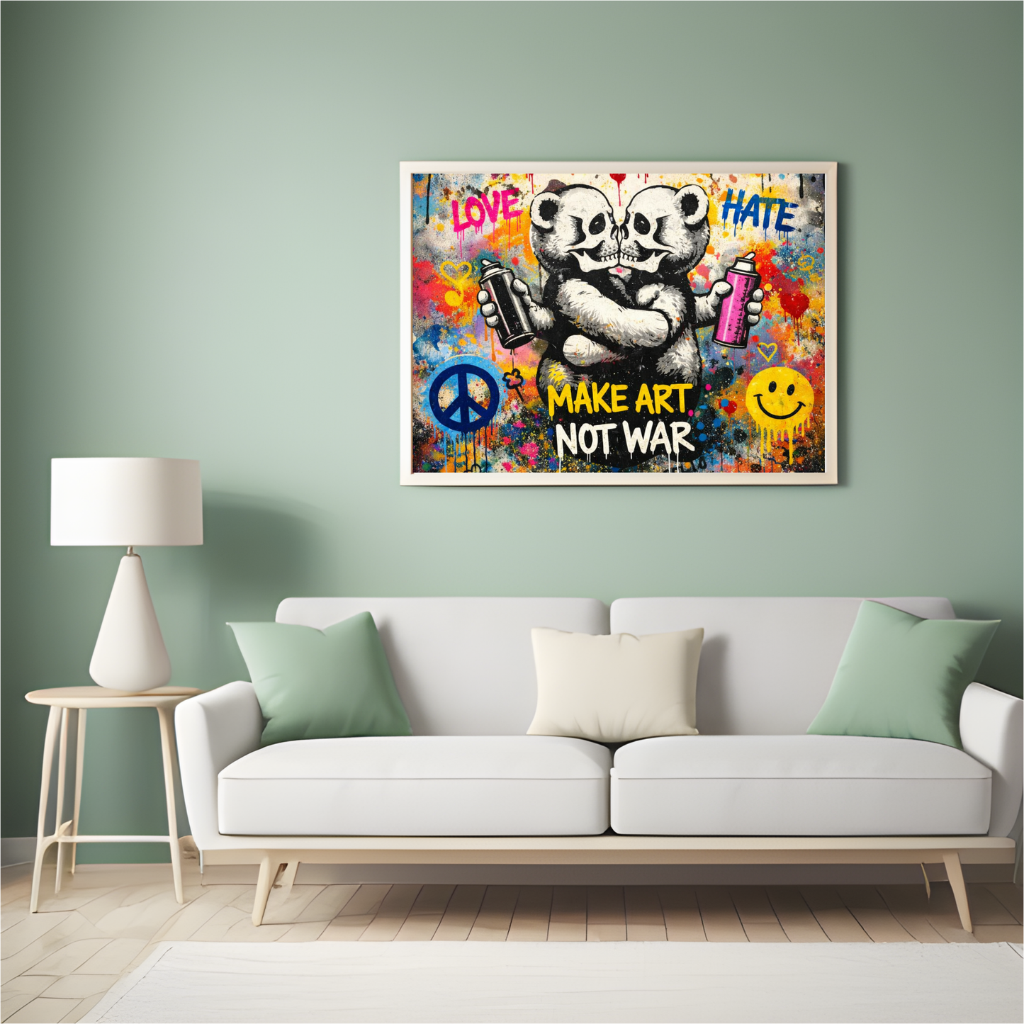 Colorful artwork on a wall above a white sofa in a living room.