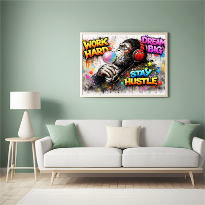 Decorative wall art with motivational phrases above a white sofa in a living room.