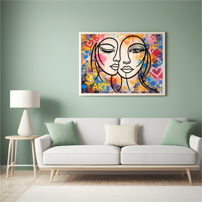 Colorful abstract art print of two faces on a green wall above a white sofa.