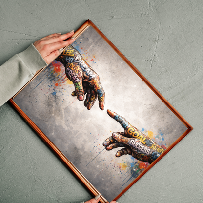 Artistic depiction of two hands reaching towards each other with motivational text on a textured surface.