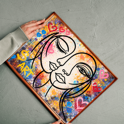 Colorful abstract art piece with artistic depiction of faces and hearts on a gray surface.