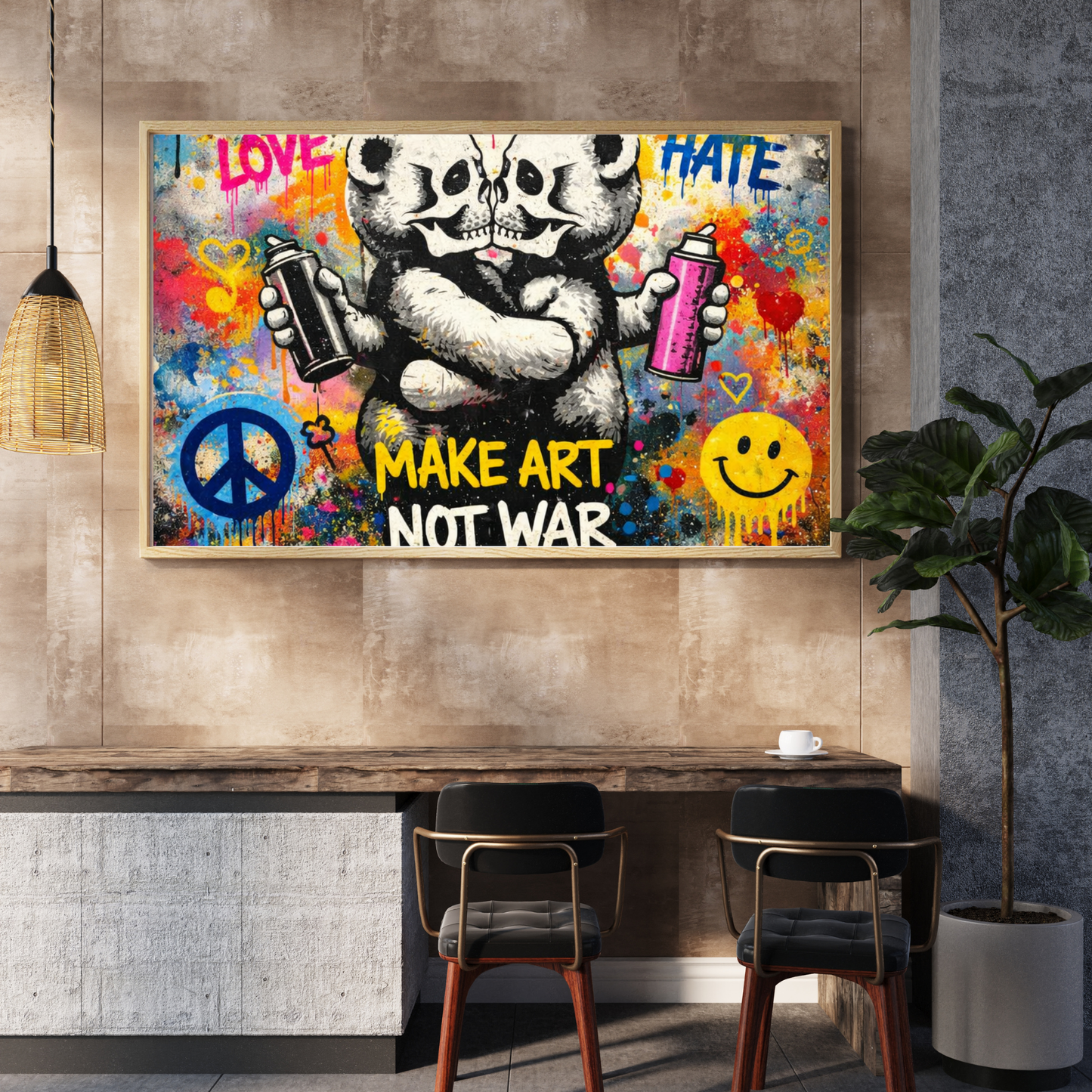 Colorful artwork with a bear holding spray cans, text, and symbols on a wall above a dining table.