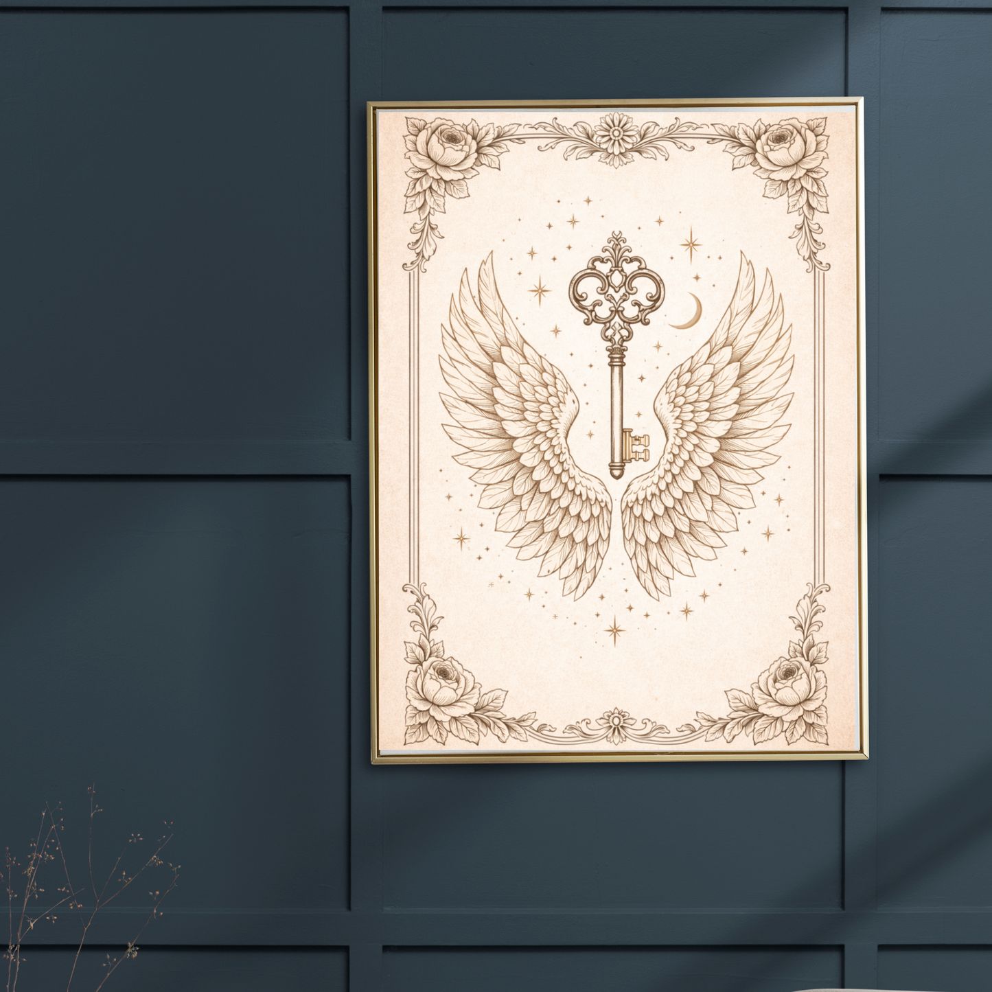 Celestial Key Fine Art Poster – Vintage Angel Wings & Symbolic Wall Art