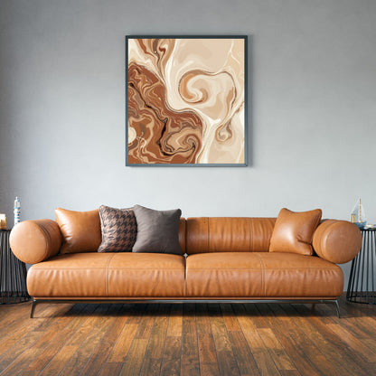Brown leather sofa in a living room with a abstract painting on the wall.