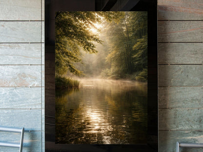 Golden Forest River  – Serene Minimalist Nature Wall Art